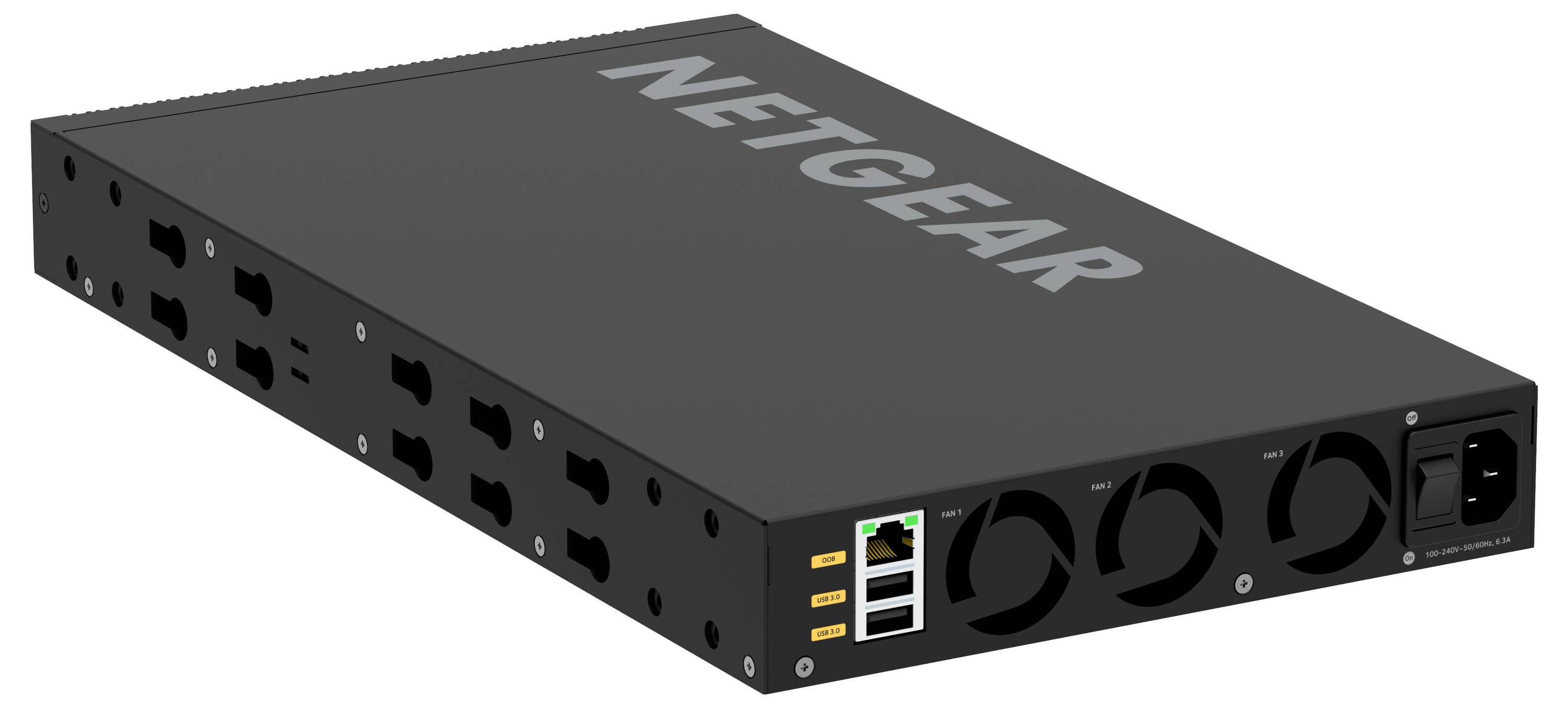 Zwarte NETGEAR netwerkschakelaar met meerdere Ethernet-poorten, statuslampen en stroomingangop het frontpaneel.