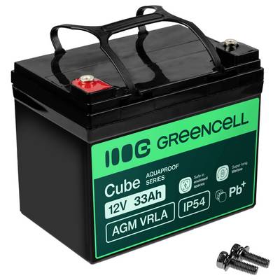 Zwarte 12V 33Ah GreenCell AGM VRLA accu met draaggreep en rode/zwarte aansluitklemmen, afgebeeld met twee schroeven op een witte achtergrond.