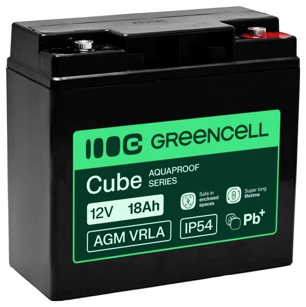Zwarte GREENCELL Cube 12V 18Ah AGM VRLA accu met groen etiket en bovenste klemmen.