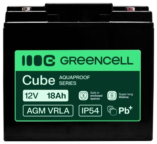 Zwarte GreenCell Cube Aquaproof 12V 18Ah AGM VRLA-batterij met IP54-classificatie en Pb+-label.