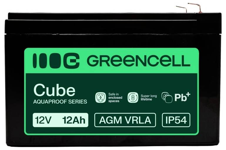 Zwarte Greencell Cube Aquaproof Serie 12V 12Ah AGM VRLA batterij met IP54 classificatie en Pb+ markering.