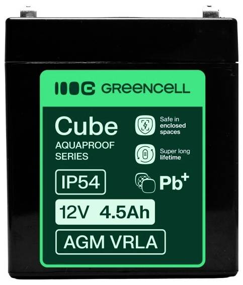 GreenCell Cube Aquaproof 12V 4.5Ah AGM VRLA-batterij met IP54-rating, aangemerkt als veilig in gesloten ruimtes en met een uitzonderlijk lange levensduur.