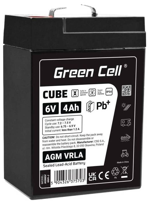 Black Green Cell CUBE 6V 4Ah AGM VRLA verzegelde loodzuurbatterij met productlabel en handgrepen bovenaan.