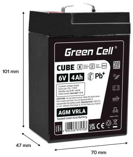 Black Green Cell CUBE 6V 4Ah AGM VRLA verzegelde loodzuurbatterij met handvat, gelabeld 101 mm hoog, 70 mm breed, 47 mm diep.