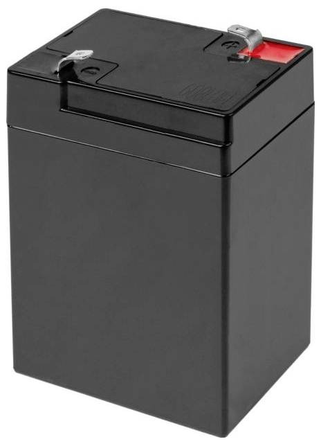 Zwarte rechthoekige verzegelde loodzuurbatterij met bovendraads aansluitingen, afgebeeld op een witte achtergrond.