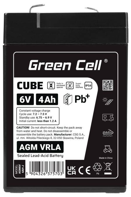 Black Green Cell CUBE 6V 4Ah AGM VRLA verzegelde loodzuuraccu met productlabel en waarschuwingspictogrammen.