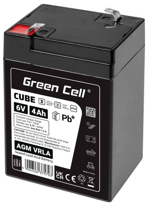 Green Cell Cube 6V 4Ah AGM VRLA verzegelde loodzuuraccu met aansluitingen aan de bovenkant en voorkant etiket met 'Pb+' en veiligheidssymbolen.
