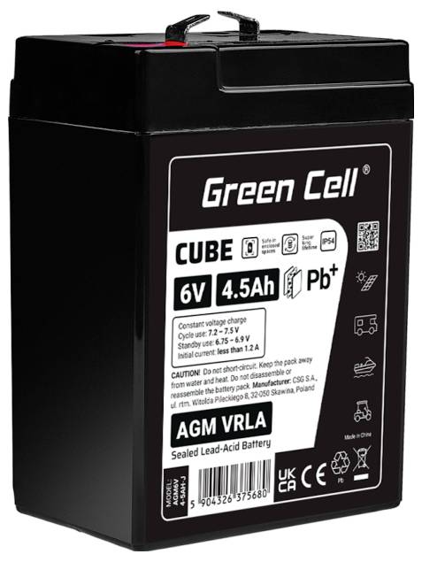 Zwarte groene cel kubus 6V 4.5Ah AGM VRLA verzegelde loodzuurbatterij met gedrukt productlabel.