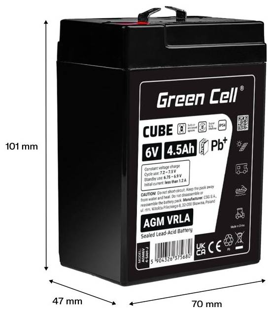 Productafbeelding van een zwarte Green Cell CUBE 6V 4.5Ah AGM VRLA-gesealde loodzuuraccu met afmetingen aangegeven van 101 mm hoog, 70 mm breed en 47 mm diep.