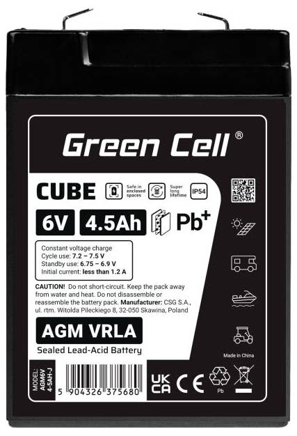 Green Cell Cube 6V 4.5Ah AGM VRLA verzegelde loodaccu met etiketten, streepjescode en veiligheidspictogrammen.