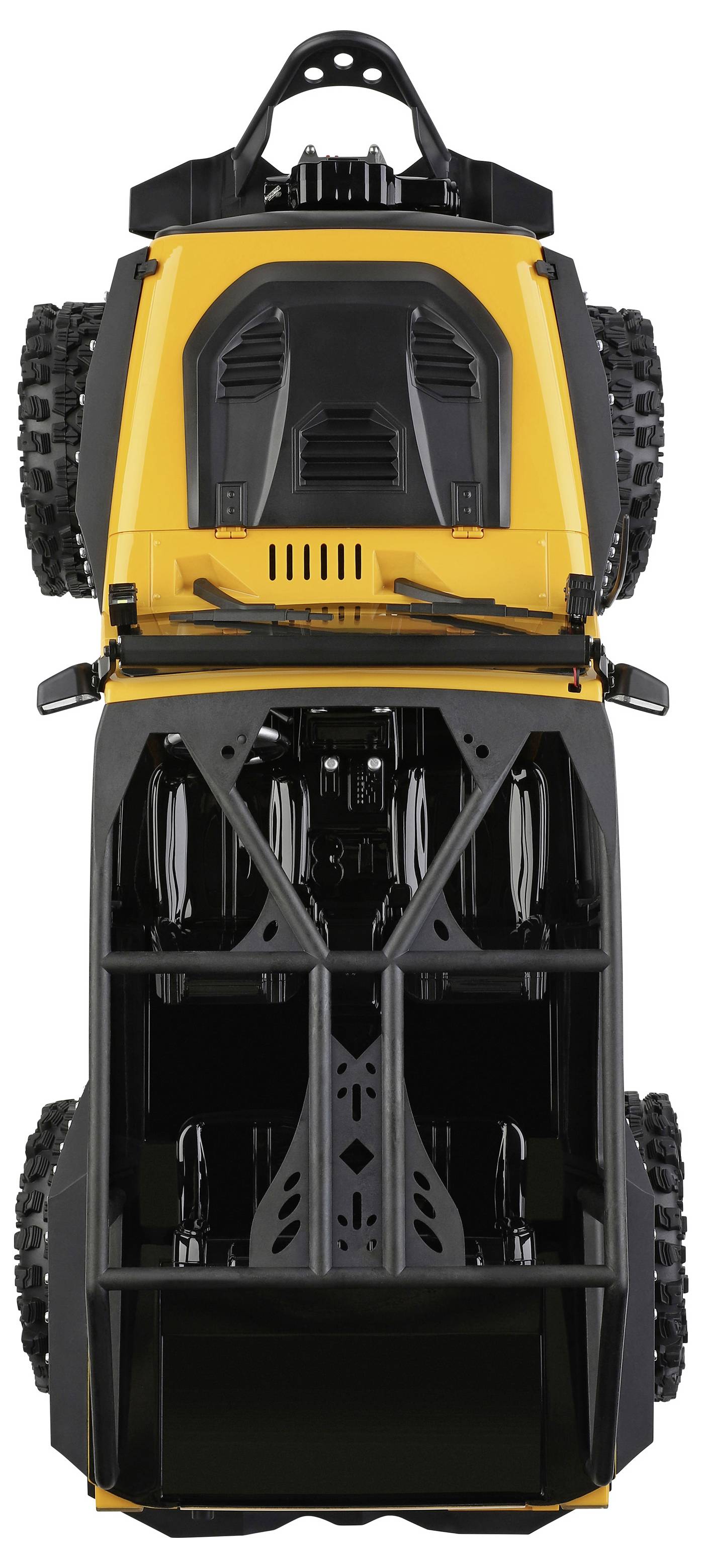 Bovenaanzicht van een geel-zwarte terrein-RC-truck met grote, knobbelige banden en een open chassis.