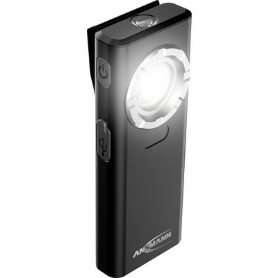 Zwarte Ansmann draagbare LED-zaklamp met frontlicht, aan/uitknop en USB-oplaadpoort.