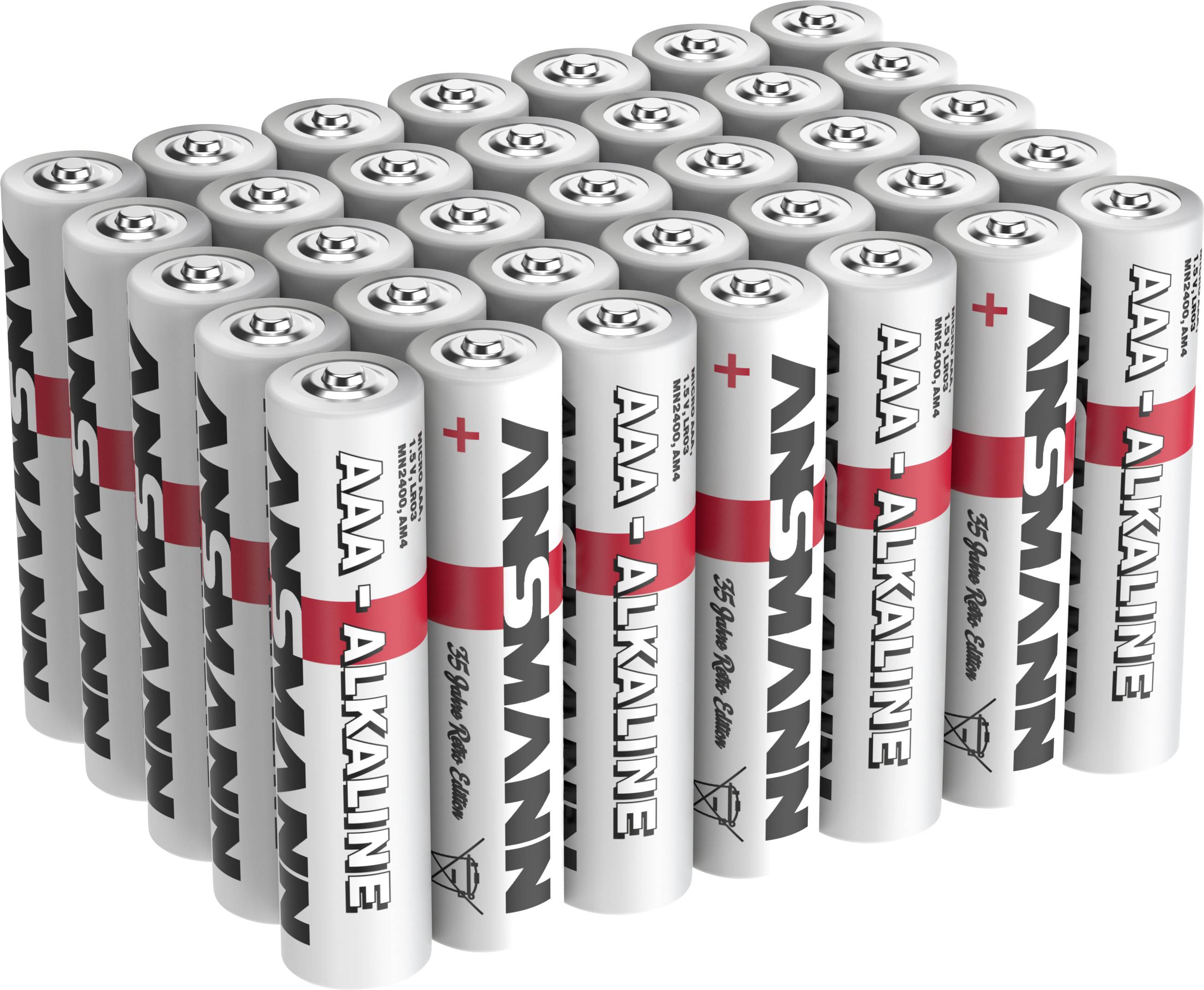 Stapel AAA-alkalinebatterijen met zilver-, rood- en zwarte labels, weergegeven in een geclusterde opstelling op een witte achtergrond.