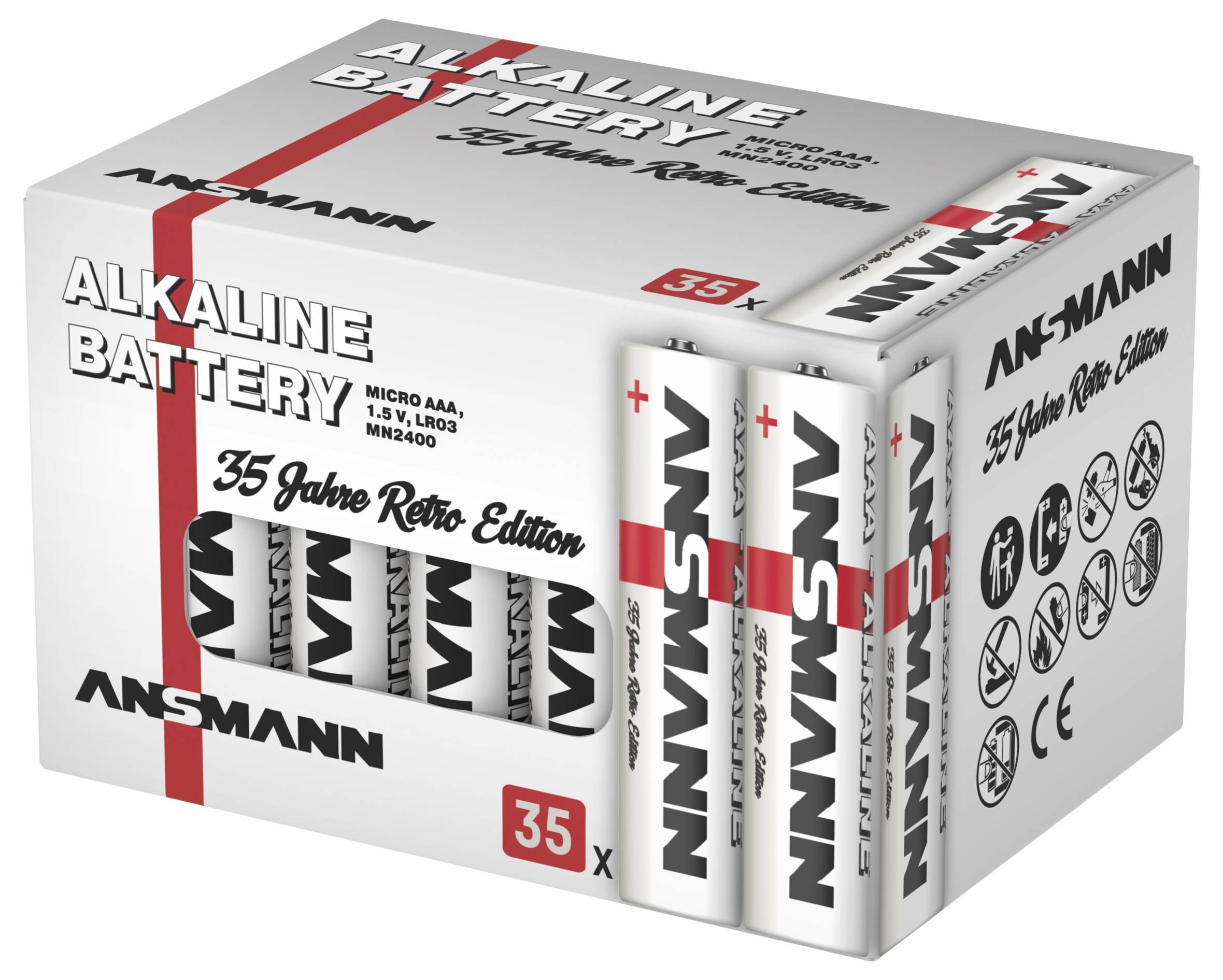 Doos ANSMANN alkaline batterijen, 35-pack 'Retro Editie 35 Jaar' met vier batterijen zichtbaar aan de voorkant.