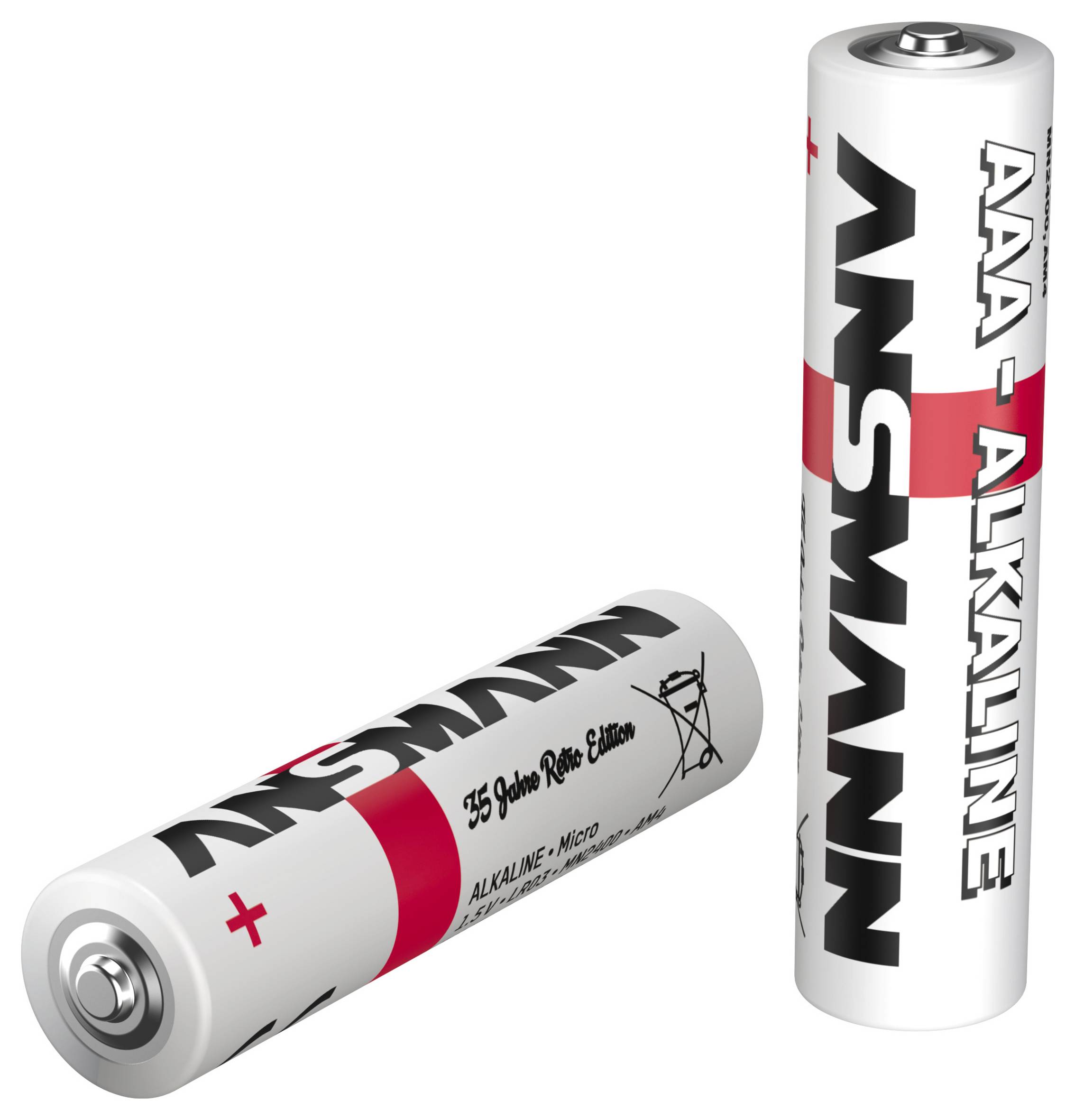 Twee AA alkaline batterijen, één rechtopgesteld en één liggend, gelabeld 'ANSMANN' en 'AAA-Alkaline'.