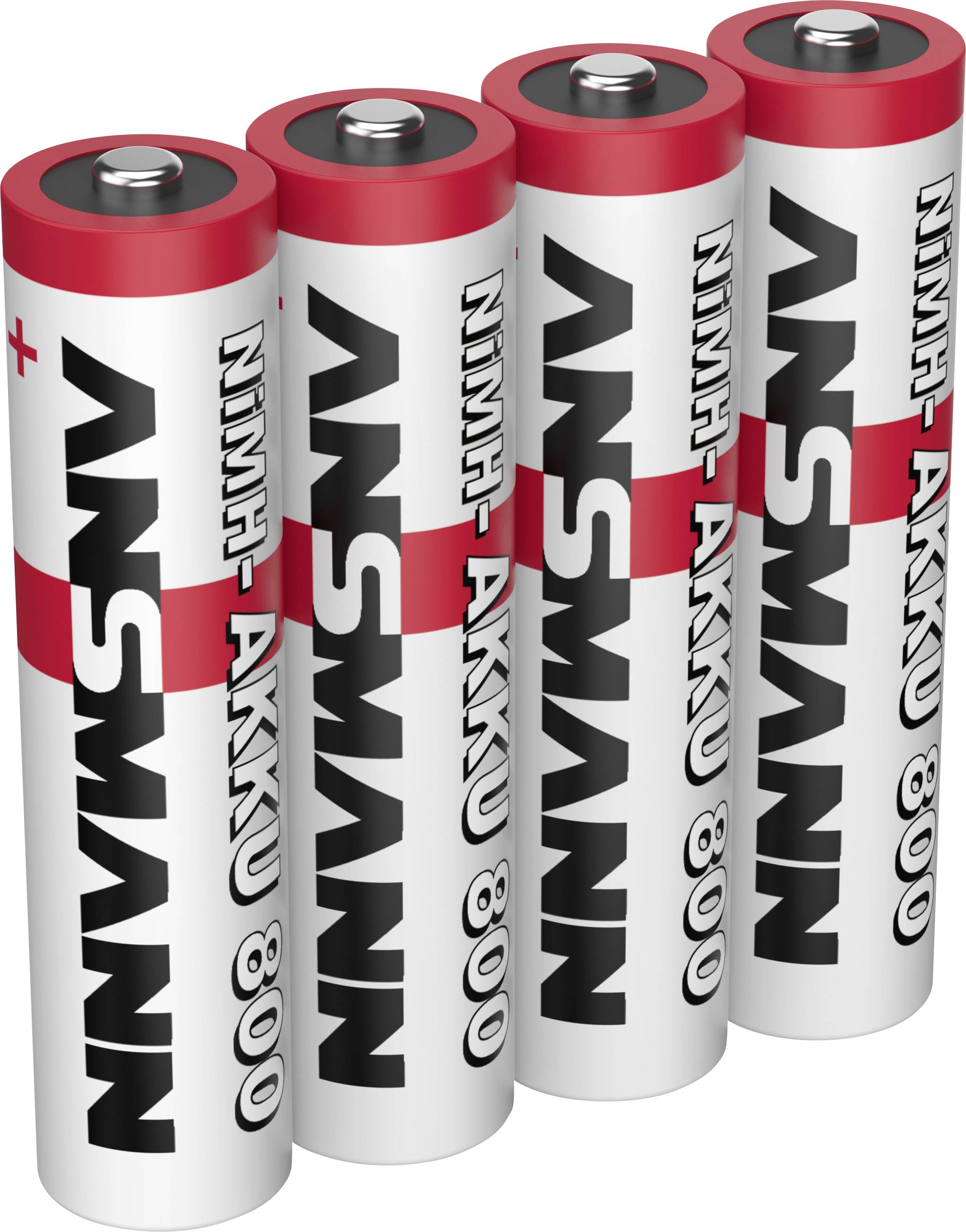 Vier SANYO NIMH AKKU 800 oplaadbare batterijen rechtop in een rij.