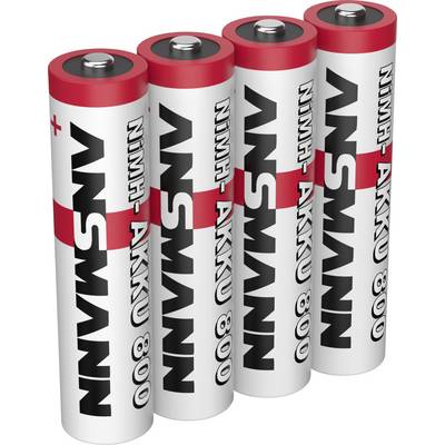 Vier SANYO NIMH AKKU 800 oplaadbare batterijen rechtop in een rij.