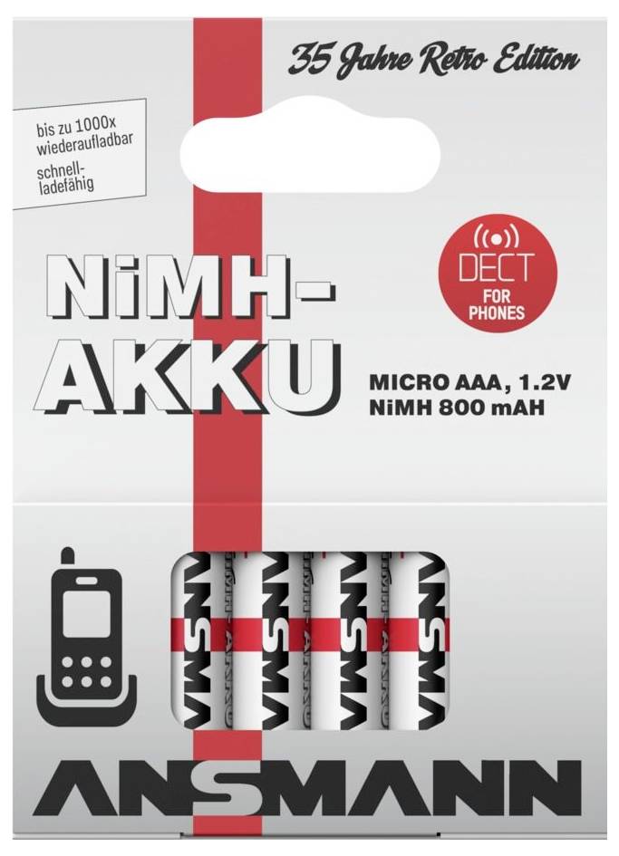Pak van vier ANSMANN NiMH AAA oplaadbare batterijen, 1,2V, 800 mAh, geëtiketteerd als 'DECT voor telefoons' en '35 Jahre Retro Edition'.