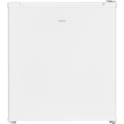 Witte Silva mini koelkast met een bovenvrieskast, weergegeven van voren tegen een effen achtergrond.