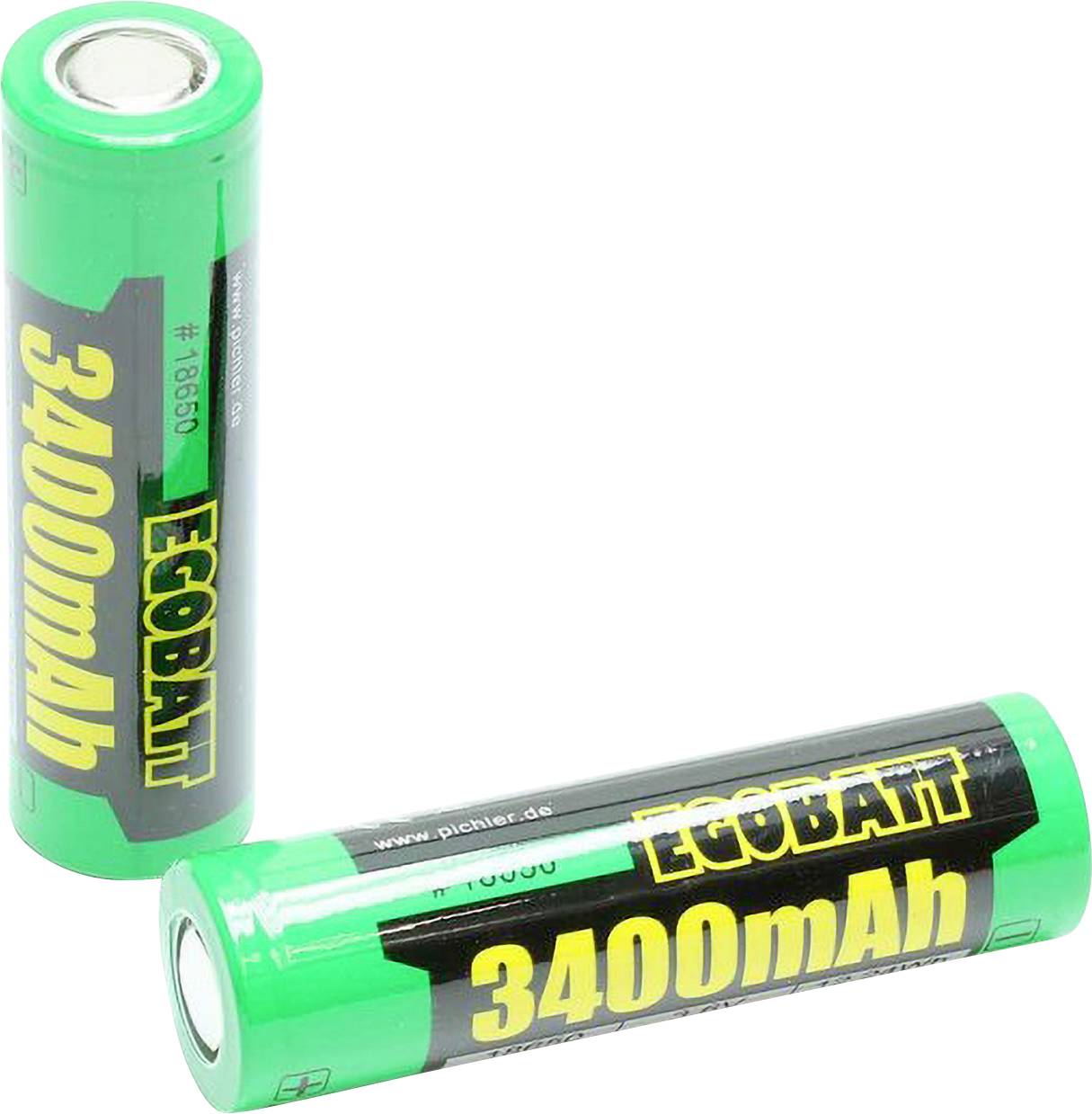 Twee groene Ecolatt 3400mAh oplaadbare batterijen, één staand rechtop en één liggend horizontaal op een witte achtergrond.
