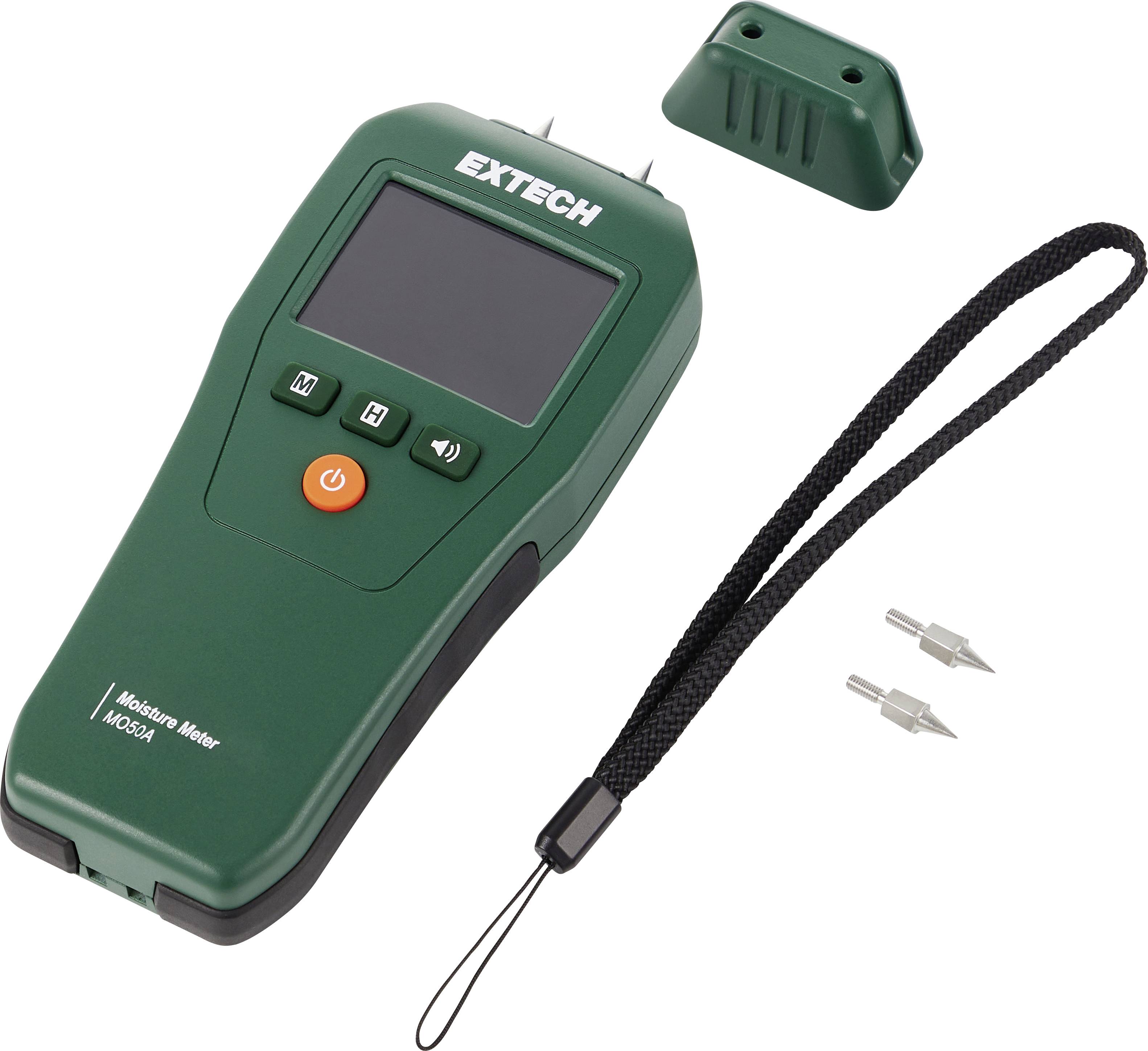 Groene Extech vochtmeter met scherm, knoppen, polsband en twee probepunten op een witte achtergrond.
