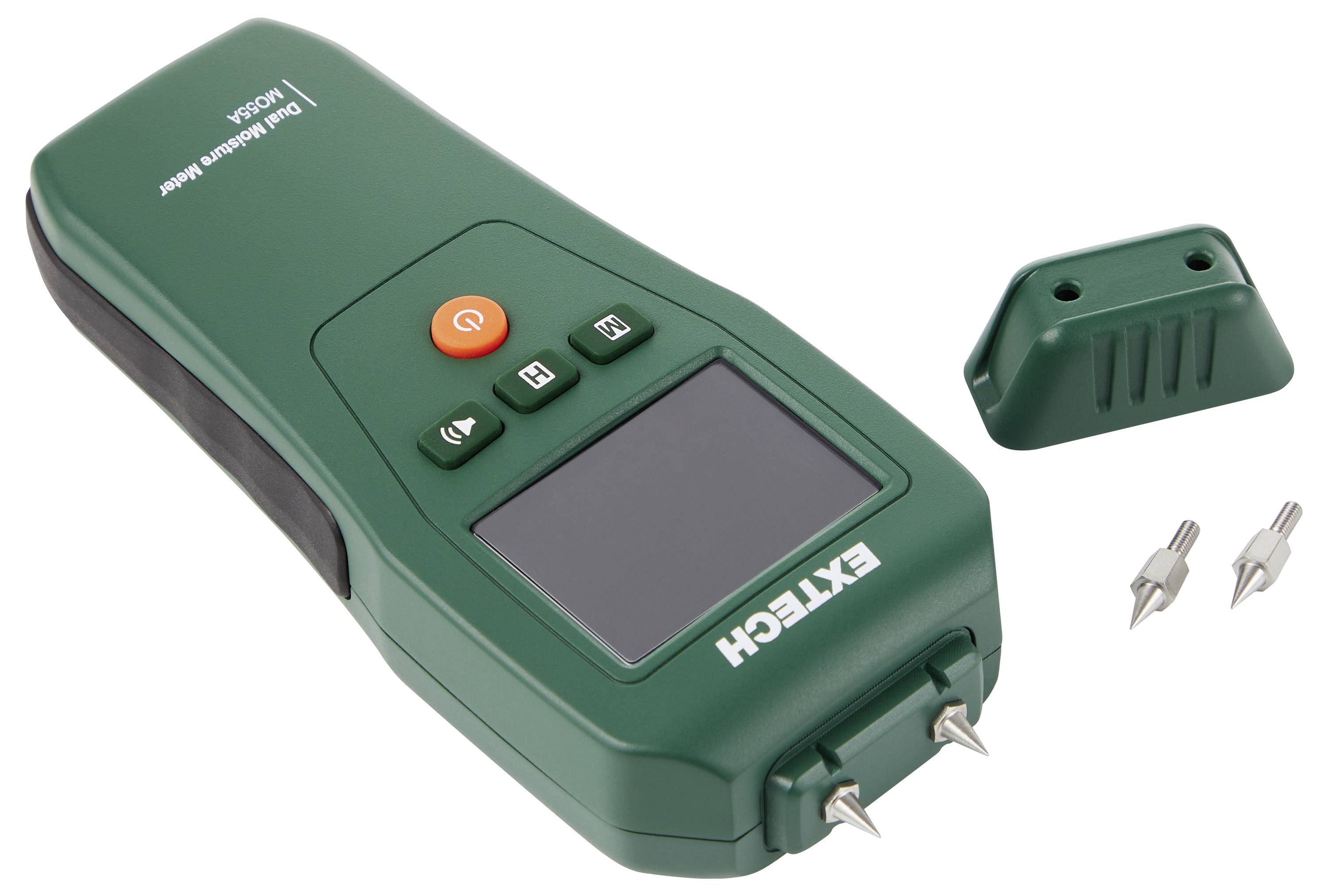 Handmatig digitaal vochtmeter met scherm en bedieningsknoppen, weergegeven met accessoires: beschermkap en twee sondapunten.