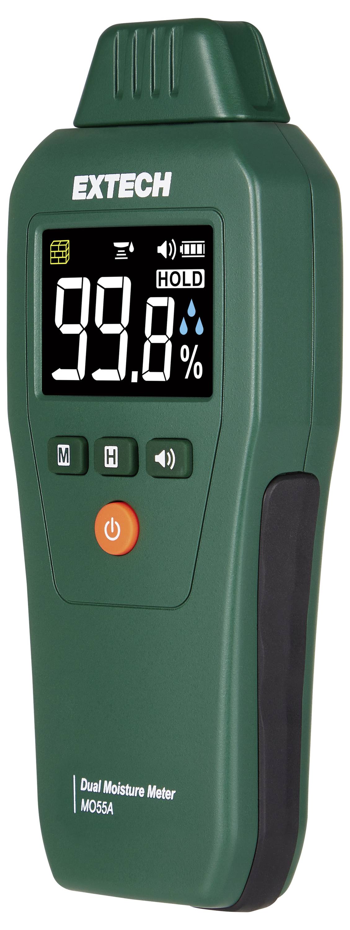 Handheld Extech dual vochtigheidsmeter met een aflezen van 99,8% op het display, met zichtbare knoppen en statuspictogrammen.