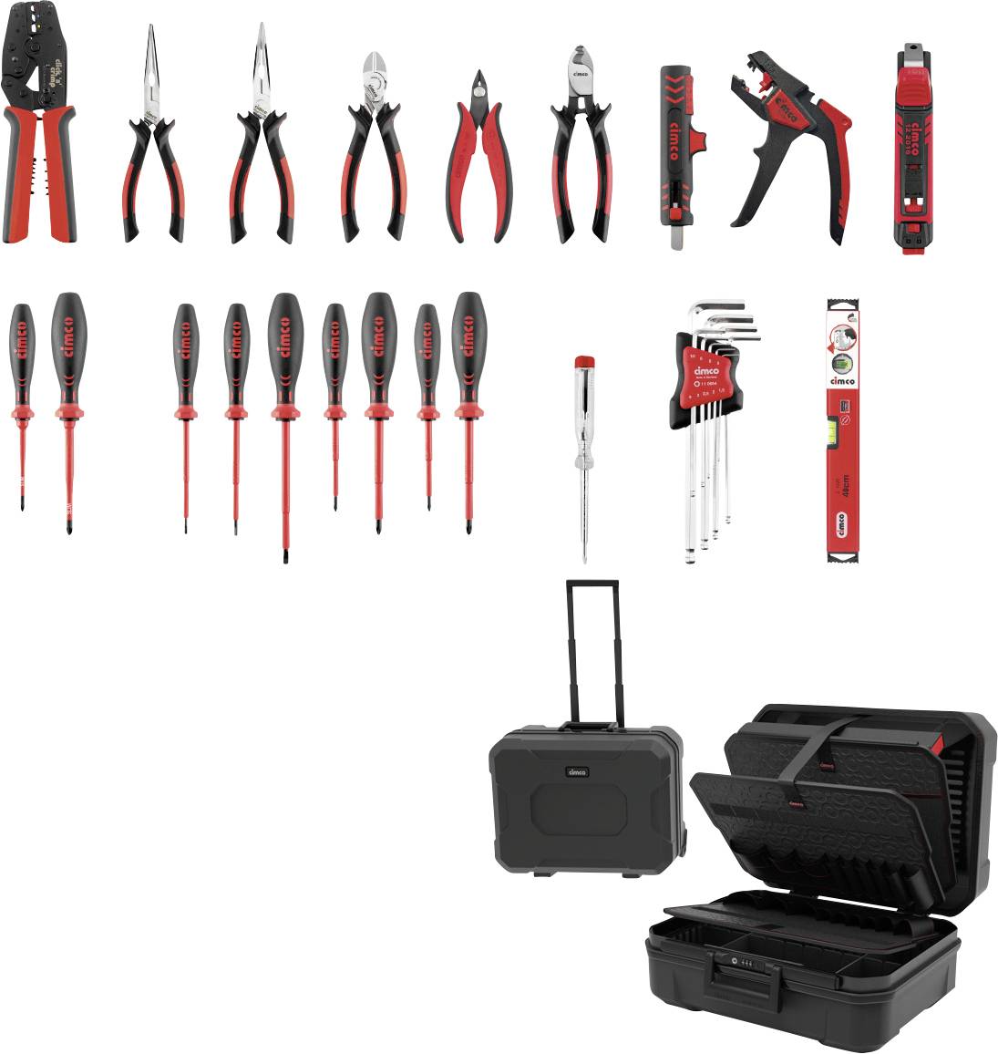 Assortiment handgereedschapset: tang, snoeikniptang, schroevendraaiers, zeskantsleutels, testschroevendraaier en een rolbare hardcase/gereedschapskist.