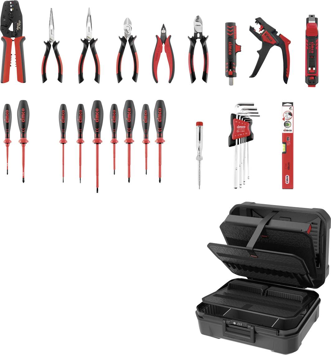 Assortiment geïsoleerde handgereedschappen voor elektriciens, inclusief tang, snijders, schroevendraaiers, zeskantsleutels, een tester en een zwarte draagtas.