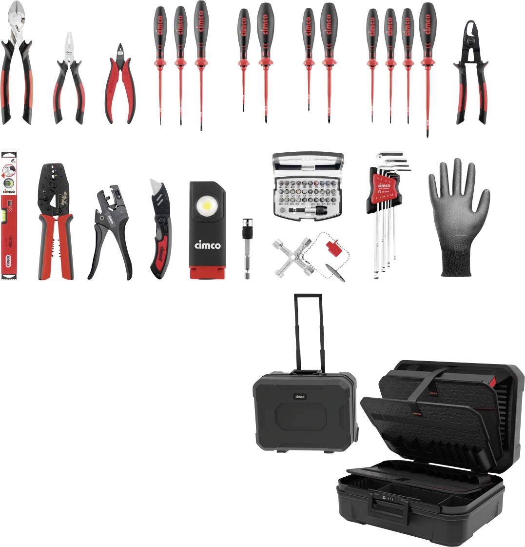Gesorteerde elektricientoolkit op witte achtergrond, inclusief tang, schroevendraaiers, draadstripper, inbussleutels, tester, handschoenen, dopsleutels en twee draagbare gereedschapskoffers.