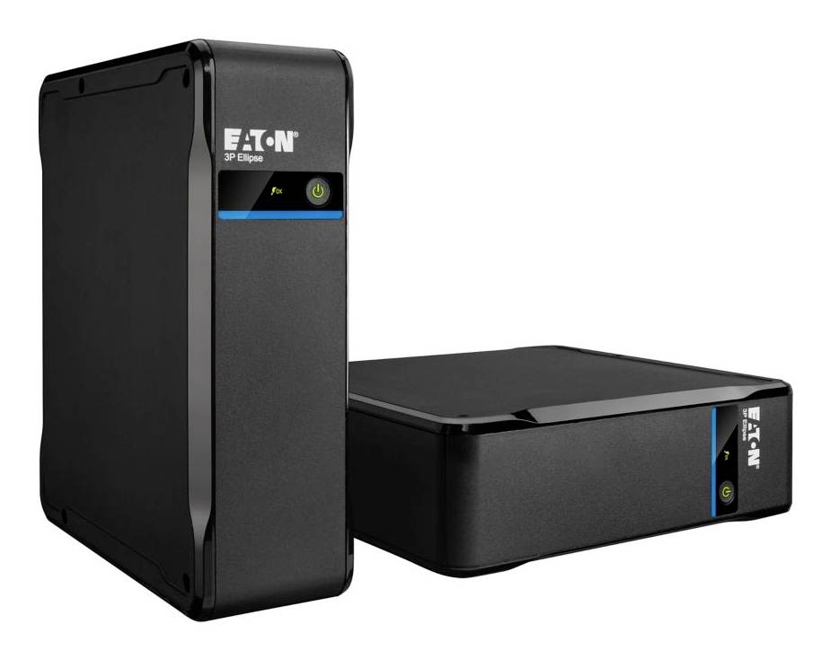 Twee zwarte Eaton 5P Elite-stroomonderbrekingeenheden, één tower en één rackmount, afgebeeld tegen een witte achtergrond.
