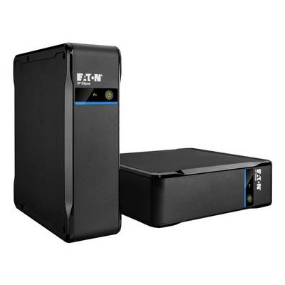 Twee zwarte Eaton 5P Elite-stroomonderbrekingeenheden, één tower en één rackmount, afgebeeld tegen een witte achtergrond.