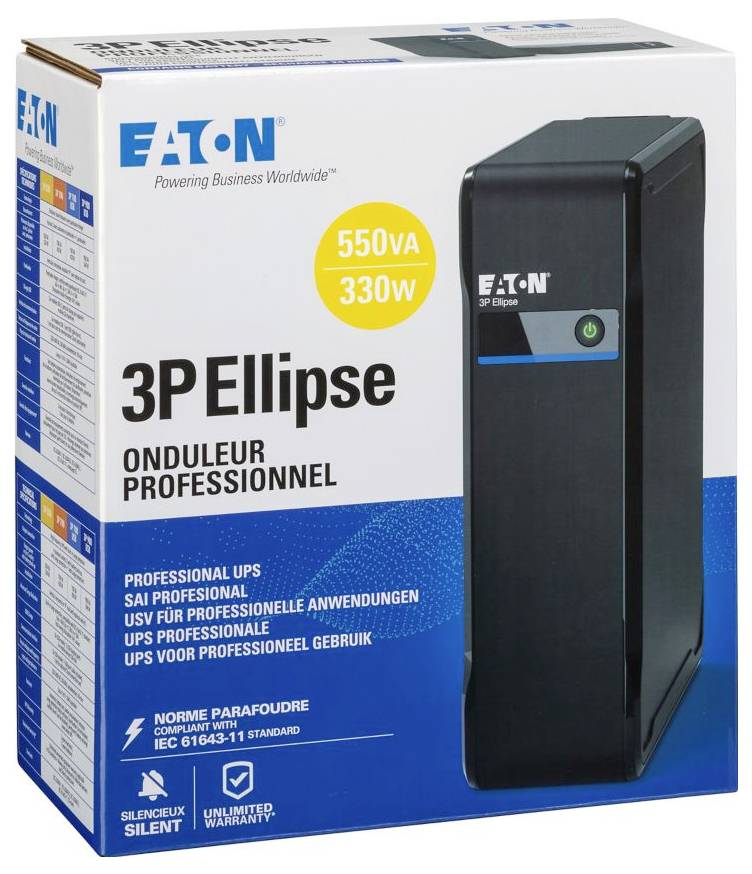 Eaton 3P Ellipse professionele UPS-doos, gelabeld met 550VA en 330W, met productafbeelding op de voorkant.