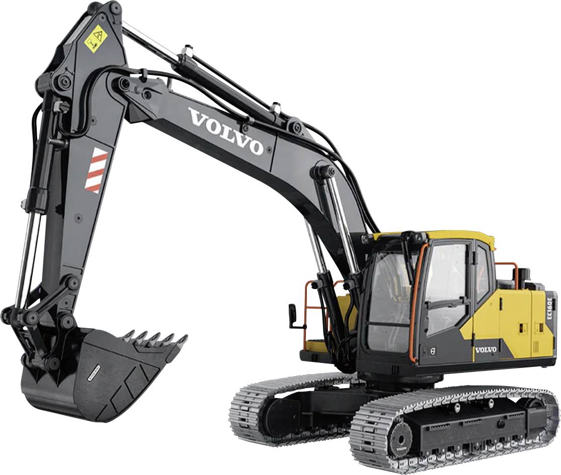 Volvo rupskraafmachine met zwarte giek en emmer, gele cabine en motorafdeking, geïsoleerd weergegeven op een witte achtergrond.