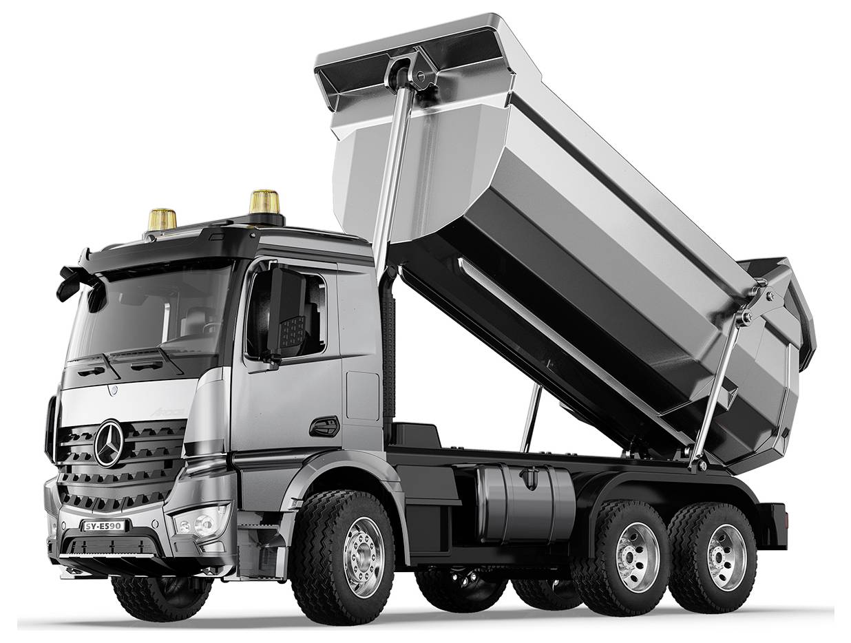 Zilvergrijze kiepwagen met verhoogde laadak, weergegeven in zijaanzicht op een witte achtergrond.