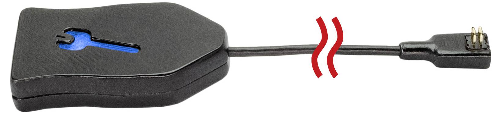 Zwarte kabeladapter met blauw moersleutelicoon, afgebeeld met rode hittegolven over de kabel, die een hete of oververhitte connector aangeeft.