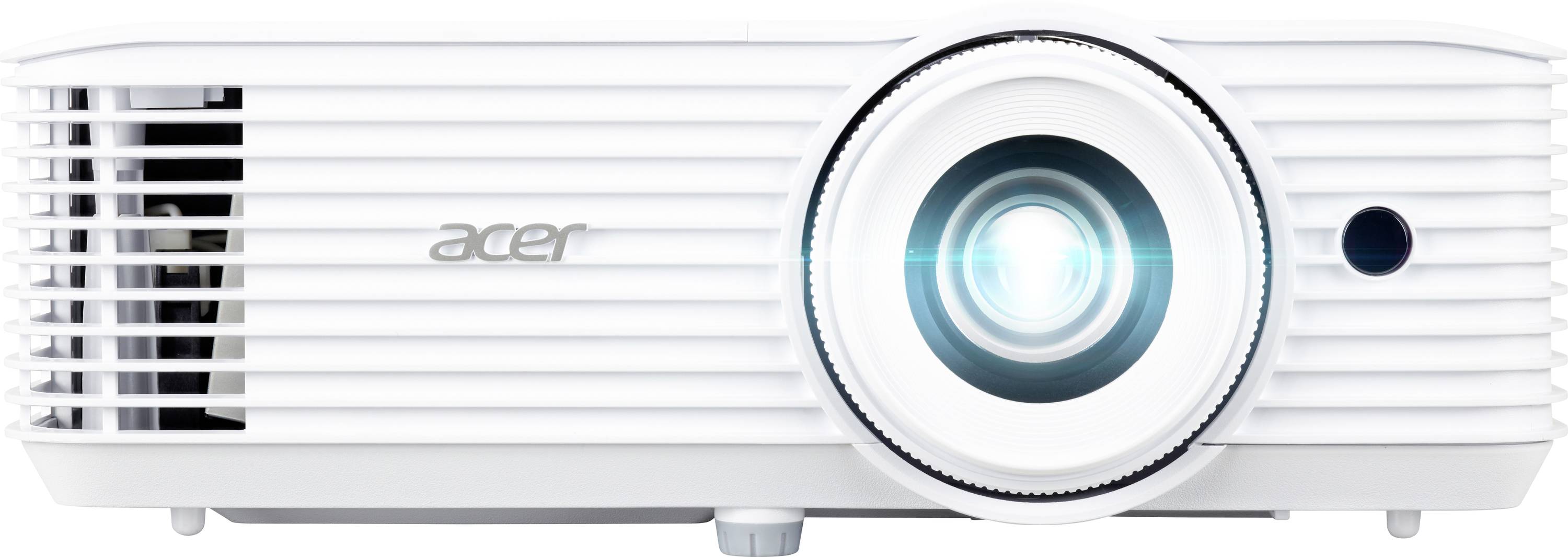 Vooraanzicht van een witte Acer-projector met een grote centrale lens en ventilatierooster.