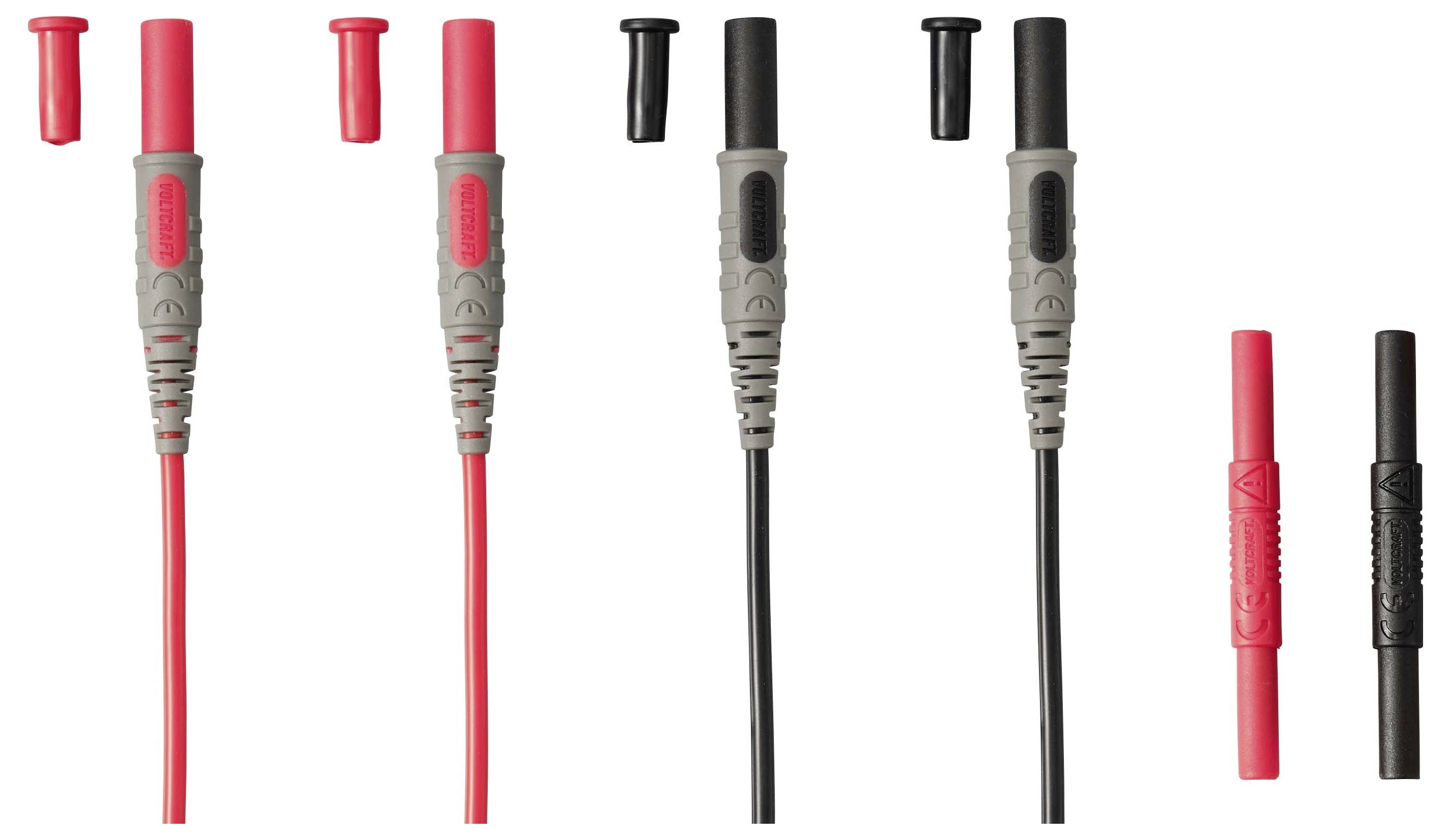 Set van geïsoleerde elektrische testdraden en sondes in rood en zwart, weergegeven in meerdere connector- en kabelstijlen op een witte achtergrond.