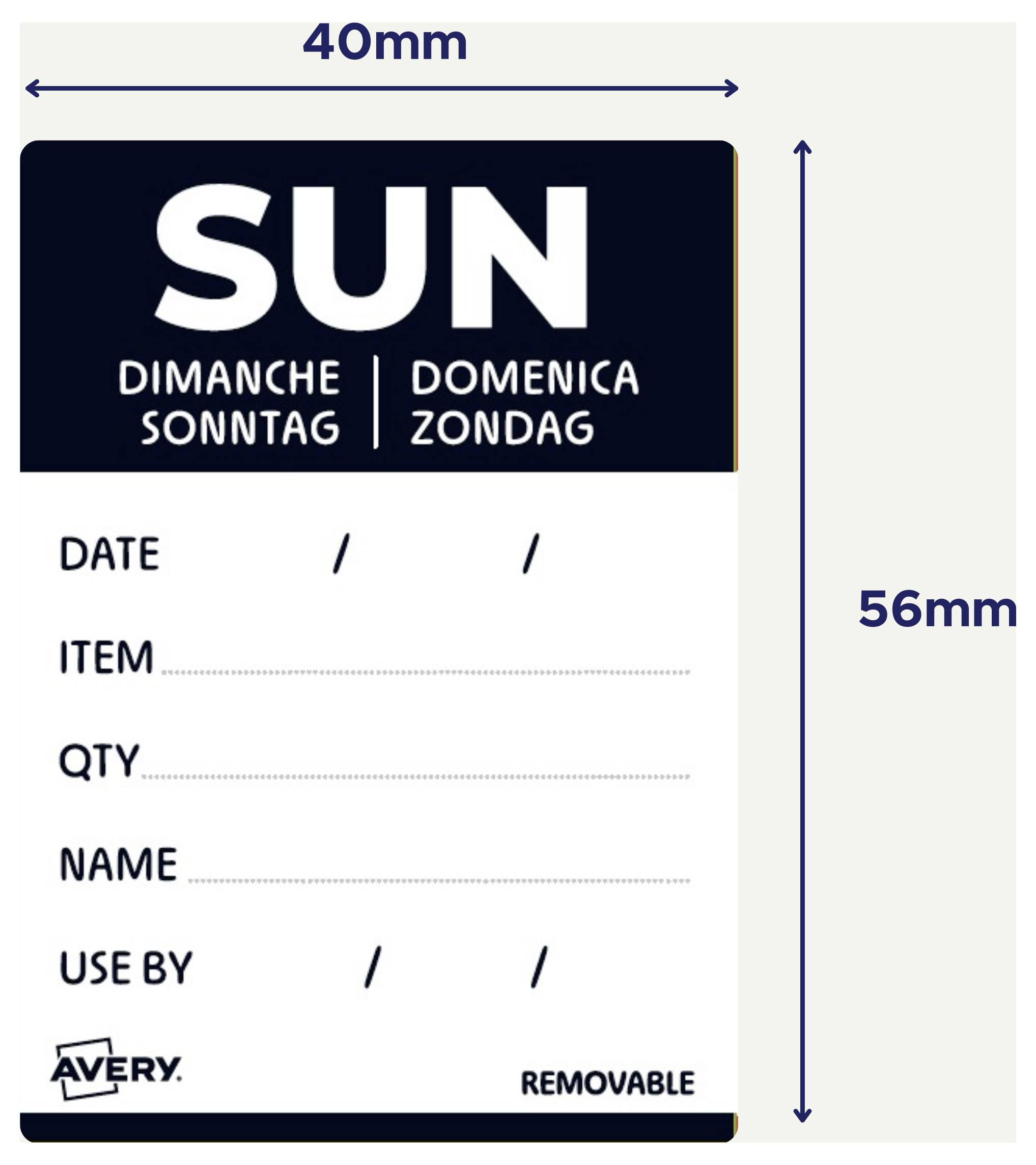 Een 40mm bij 56mm Avery verwijderbaar labelsjabloon voor 'ZON', met velden voor datum, artikel, hoeveelheid, naam en gebruik voor.