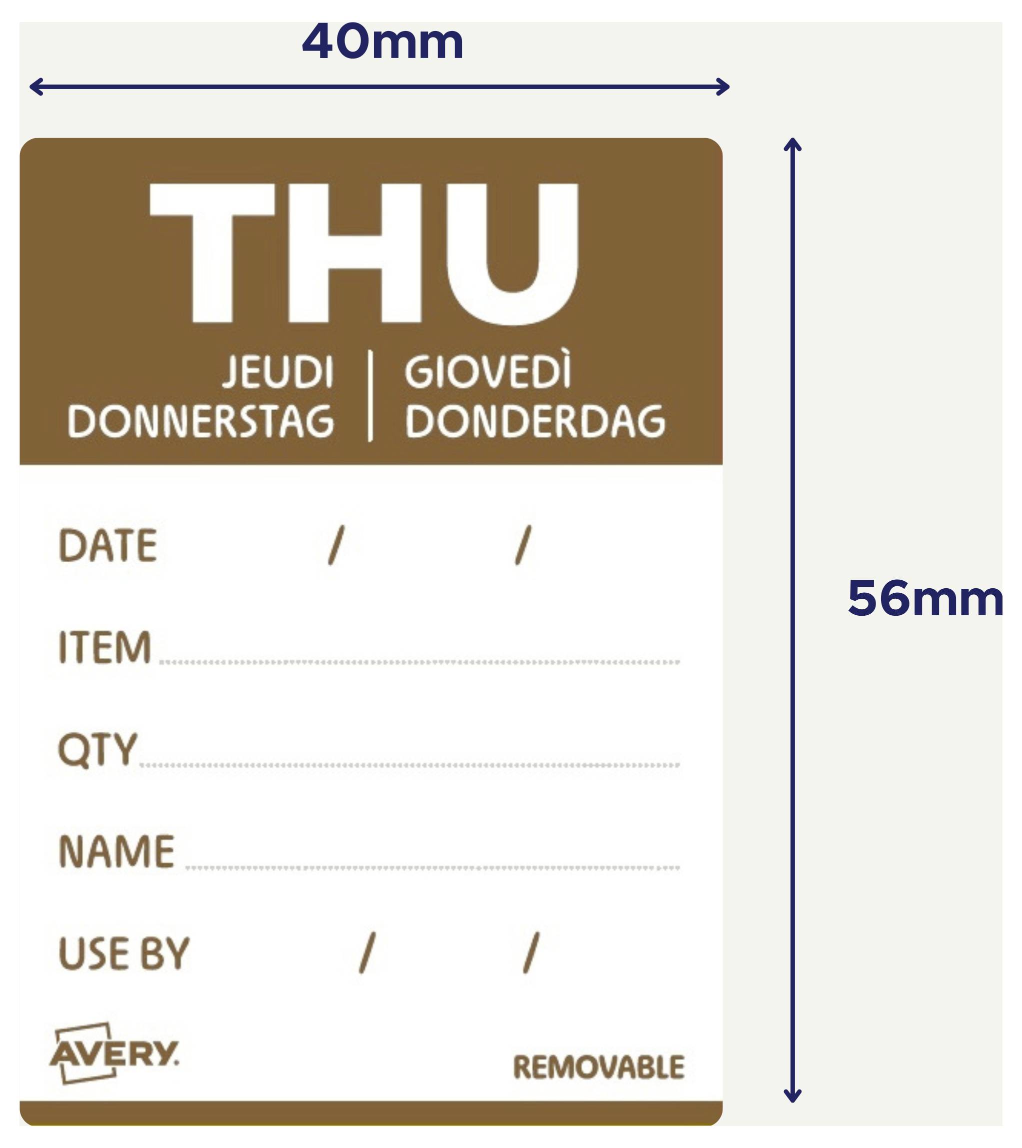 Bruin en wit Avery verwijderbaar etiketsjabloon met 'THU' header, meertalige weekdagnamen, en velden voor datum, artikel, hoeveelheid, naam en vervaldatum; afmeting 40mm x 56mm.