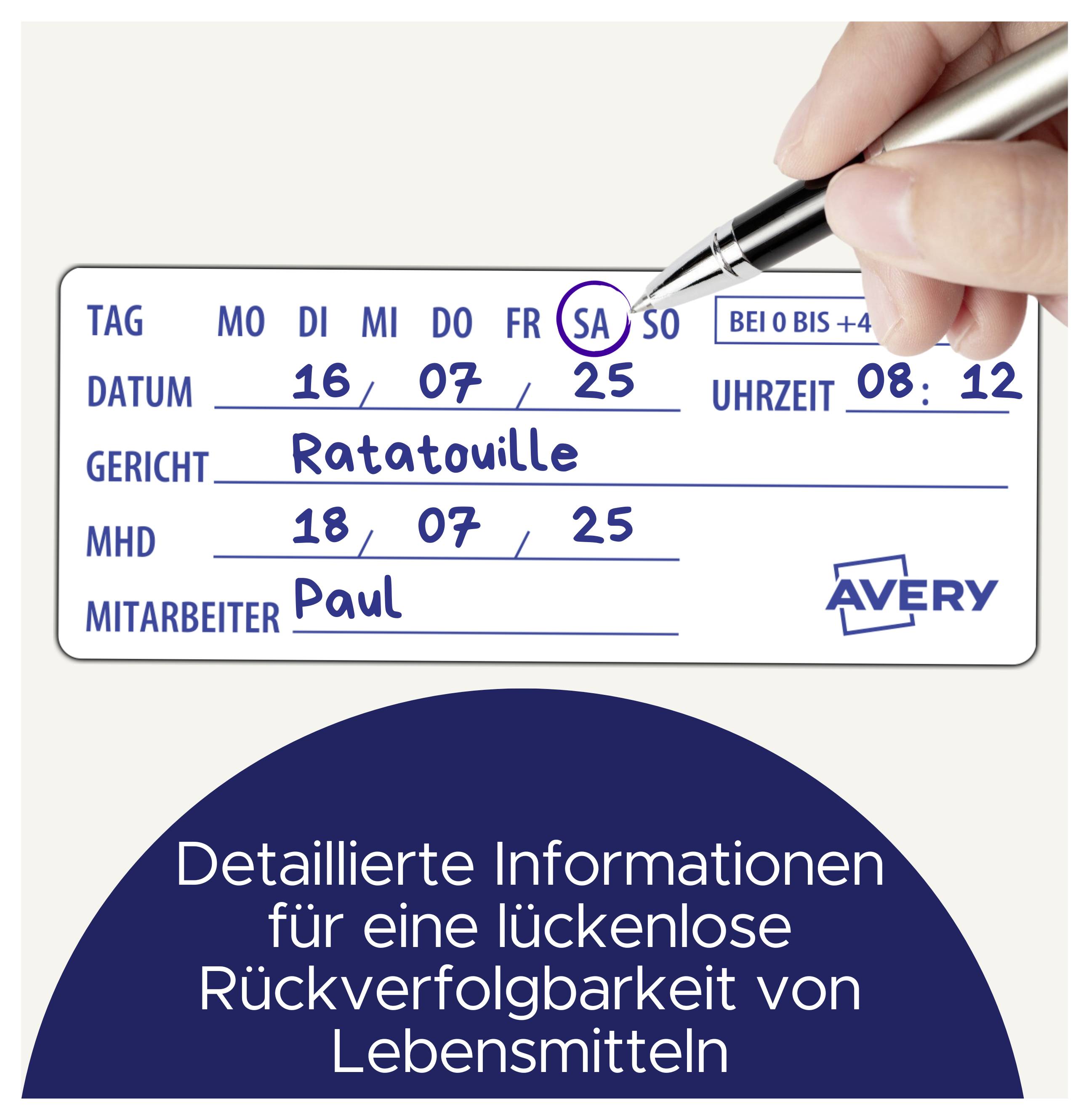 Hand schrijft een etiket voor voedseltraceerbaarheid in:<br>Datum 16.07.25, Gerecht Ratatouille, THT 18.07.25, Medewerker Paul, Tijd 08:12; Tekst benadrukt volledige traceerbaarheid.