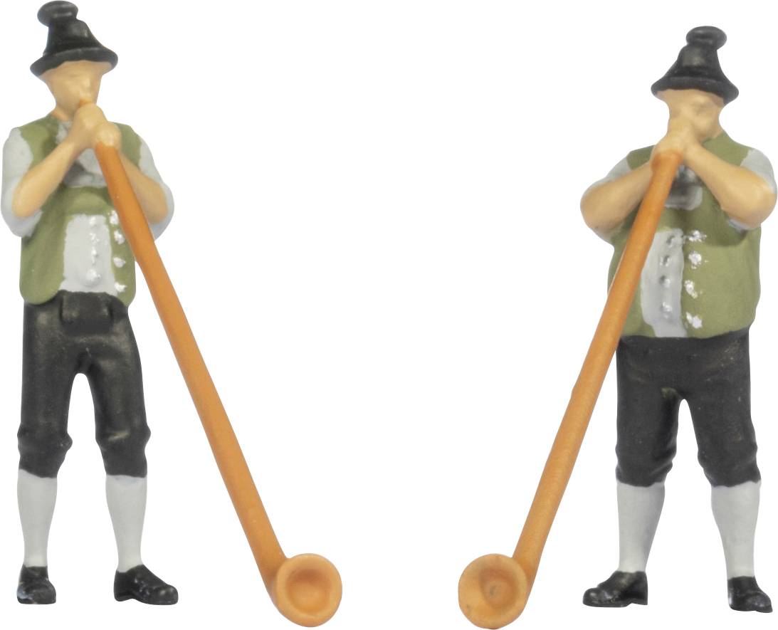 Twee miniatuurfiguren in traditionele kledij die lange oranje stokken vasthouden, geposeerd alsof zij alpenhoorns bespelen tegen een witte achtergrond.