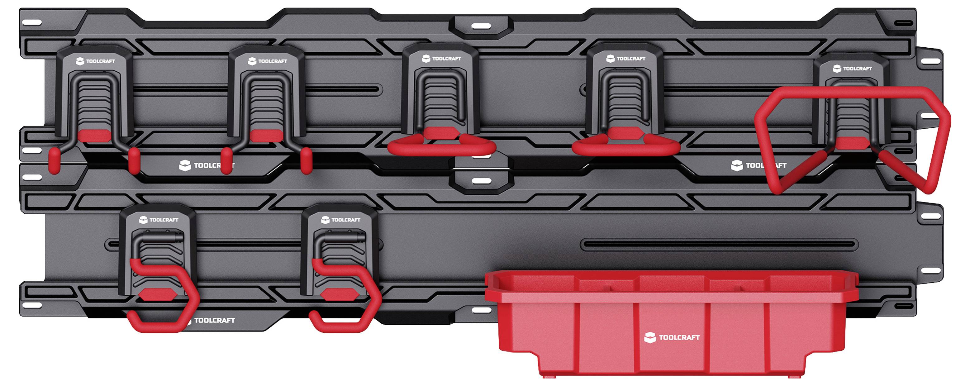 Aan de muur gemonteerd gereedschapopbergrek met meerdere rood gemarkeerde haken, houders en een rode bak voor het organiseren van handgereedschap en accessoires.