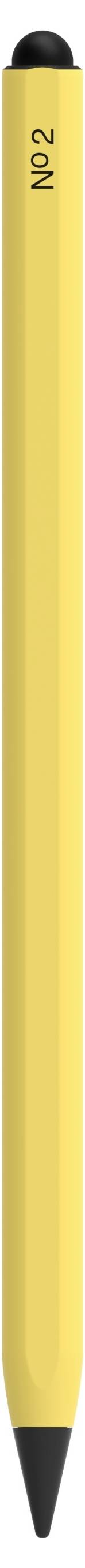 Gele markeerstift met label nr. 2 met zwarte dop en punt op witte achtergrond.