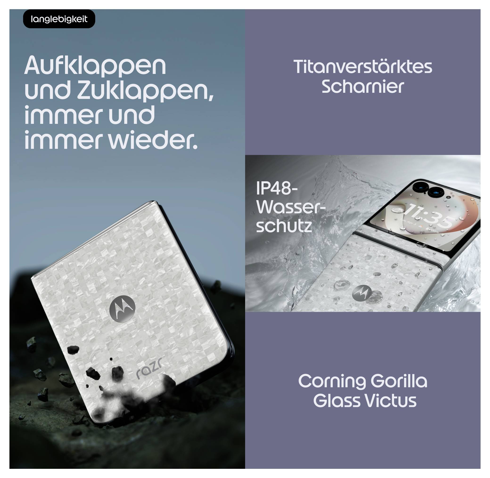 Motorola Razr opvouwbare telefoon duurzaamheidsadvertentie met nadruk op lang meegaande scharnier, IP48 waterdichtheid en Corning Gorilla Glass Victus.