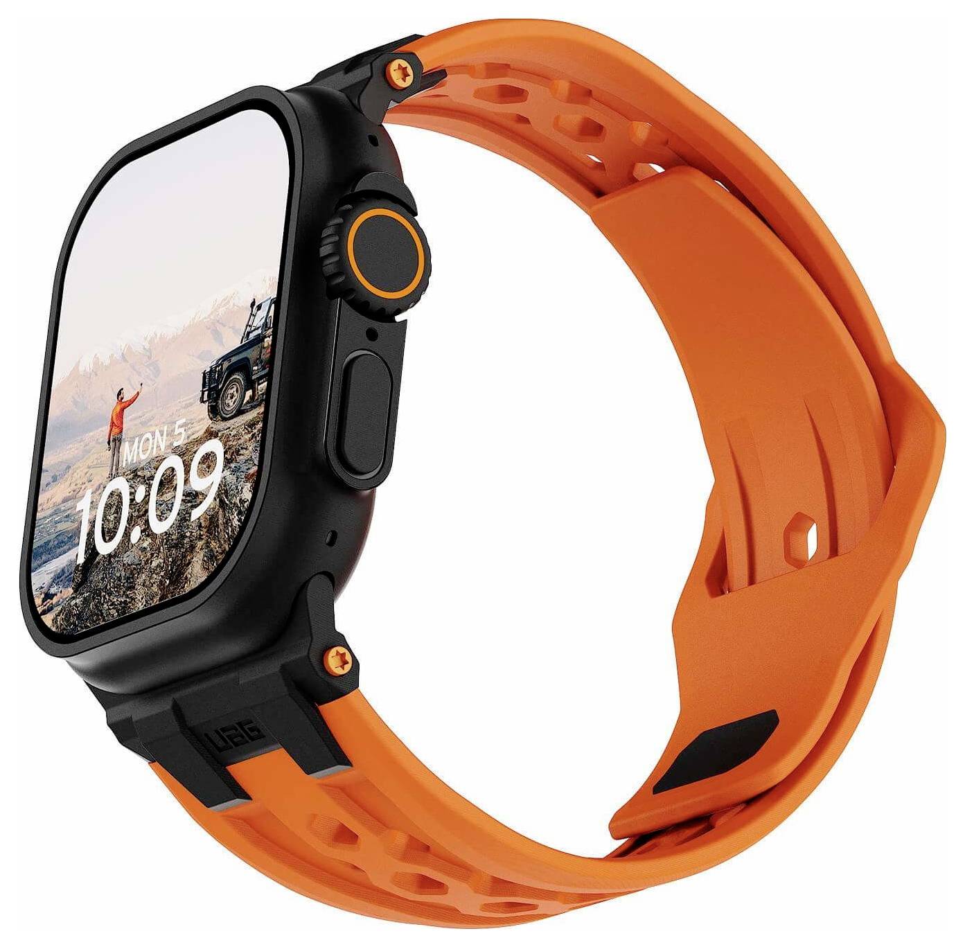 Zwart vierkant smartwatch met oranje bandje onder een hoek getoond, een landscape-wijzerplaat weergeven met tijd 10:09.