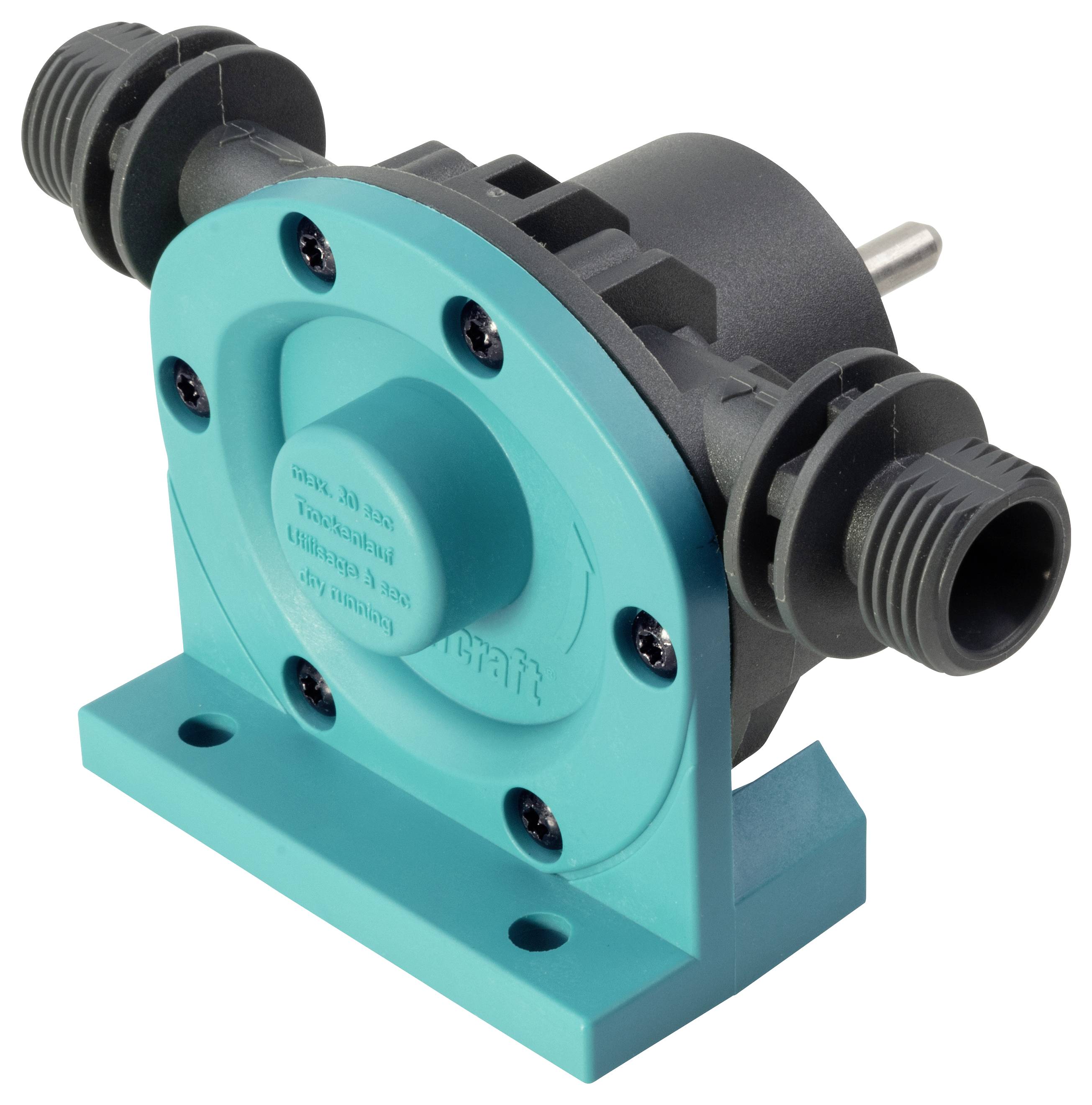 Industrieel pompof klep onderdeel in teal en zwart met draadschroefdraai buisconnectoren op een montagebasis, weergegeven op een witte achtergrond.