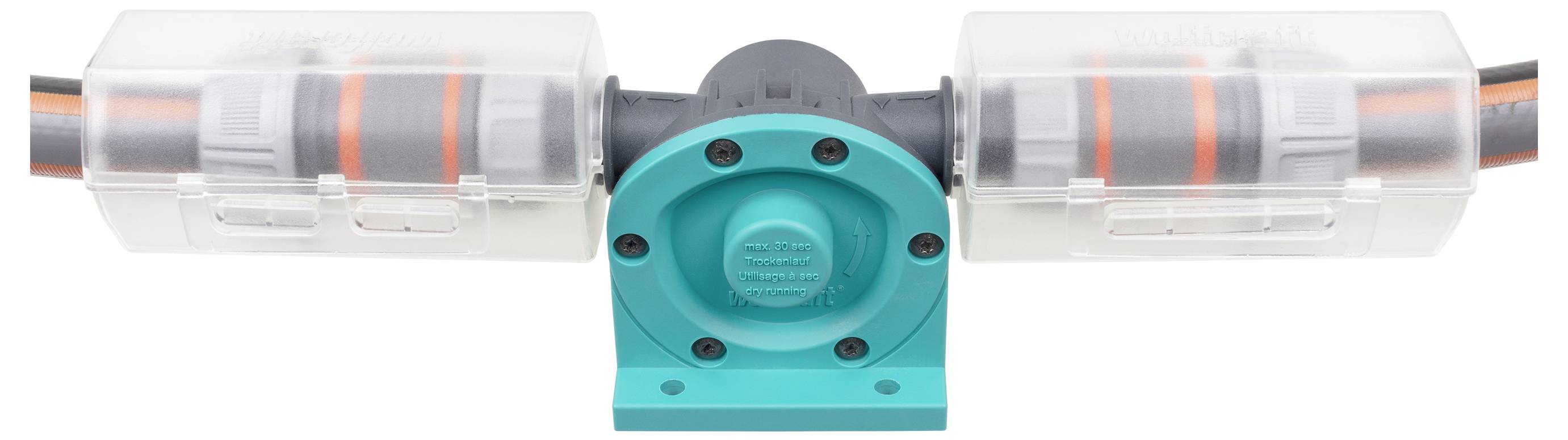 Transparante inline kabelconnector met een turquoise centrale behuizing en twee draadeinden met oranje strepen die van links en rechts zijn ingestoken.