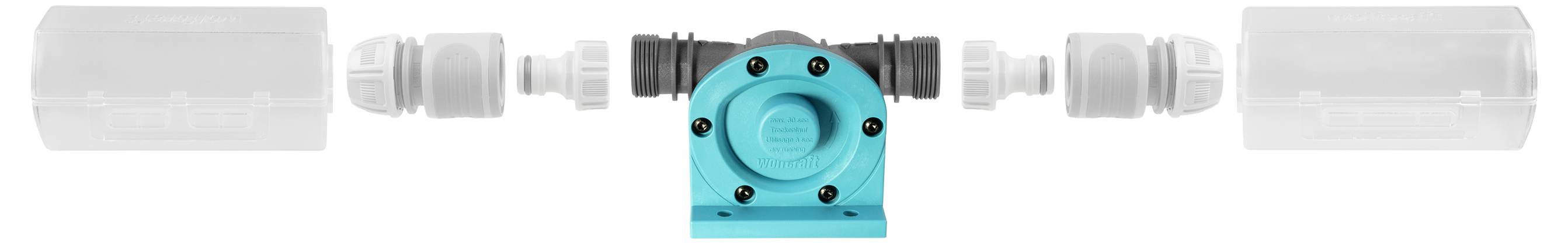 Centraal gemonteerde turquoise mechanische component met zwarte fittingen, verbonden met twee transparante inline behuizingen aan elke zijde.