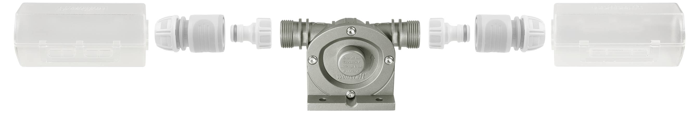 Zwarte mechanische connector in het midden met cilindrische uiteinden die naar links en rechts uitsteken op een witte achtergrond.